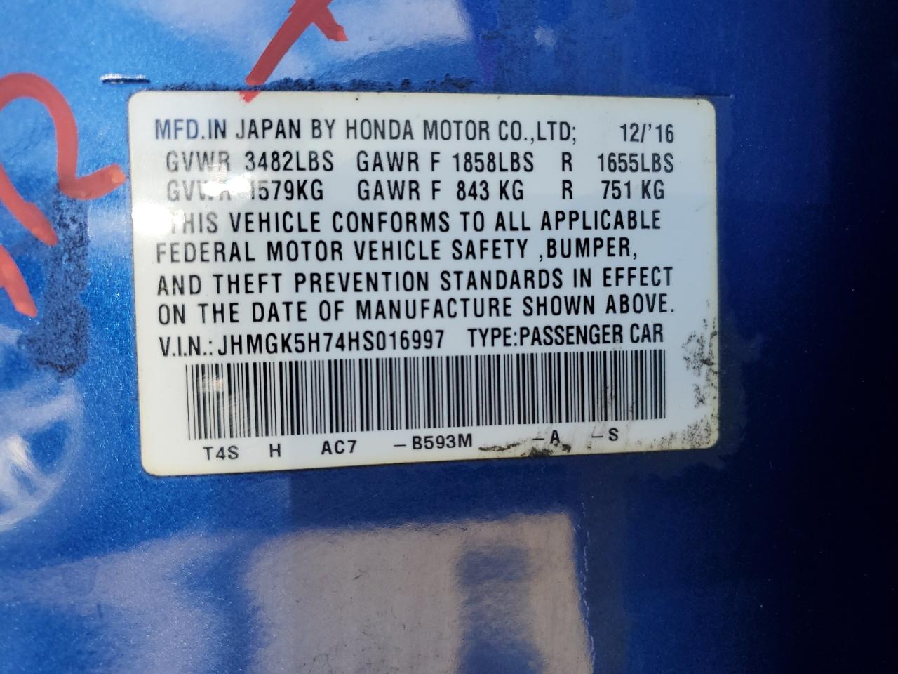 2017 Honda Fit Ex VIN: JHMGK5H74HS016997 Lot: 48427255