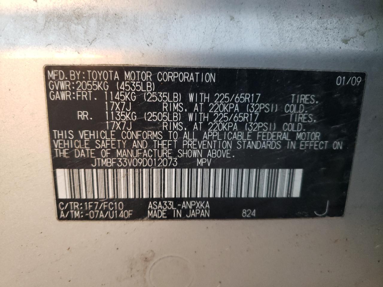 2009 Toyota Rav4 VIN: JTMBF33V09D012073 Lot: 48338775