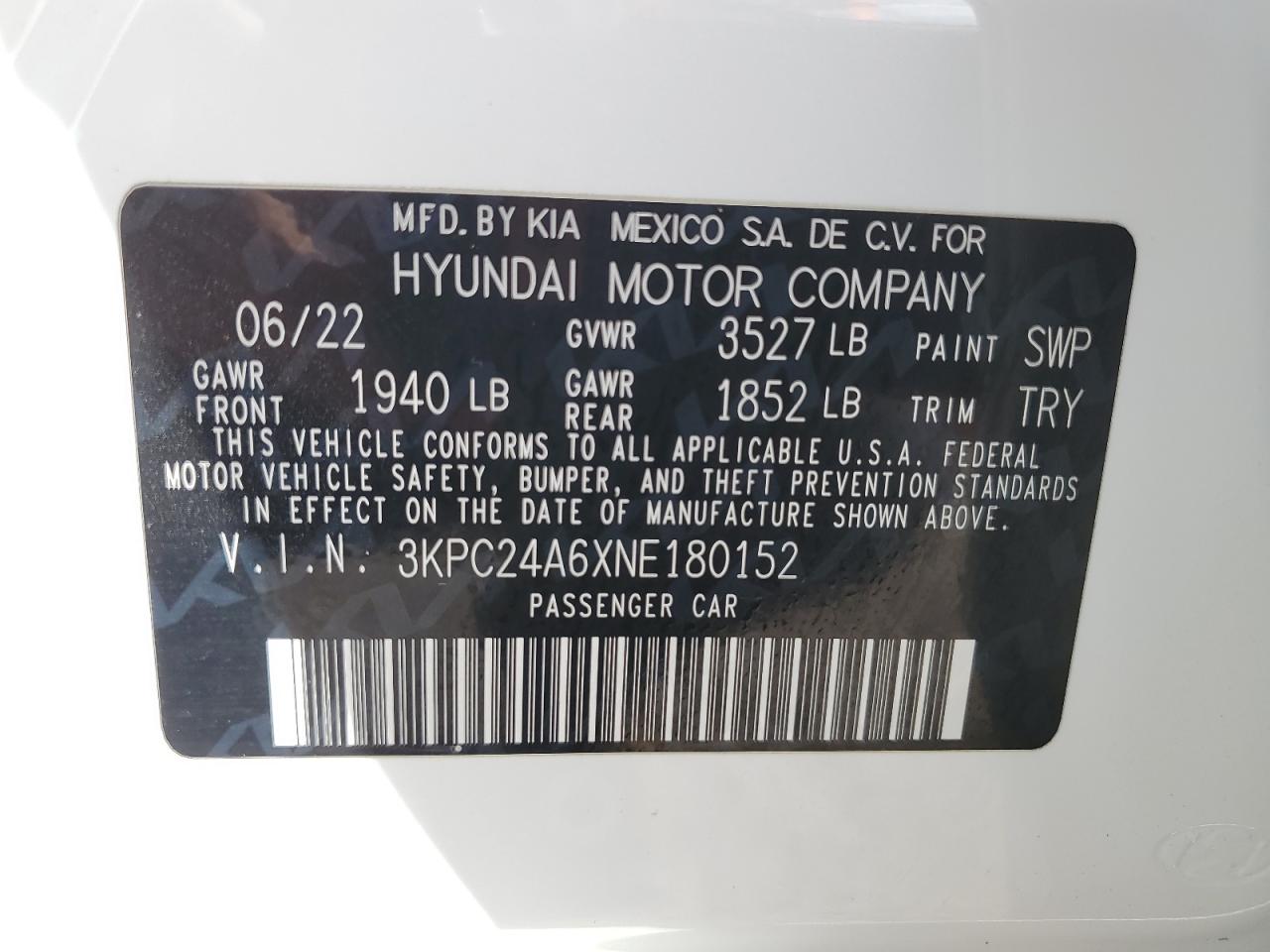 2022 Hyundai Accent Se VIN: 3KPC24A6XNE180152 Lot: 50149975
