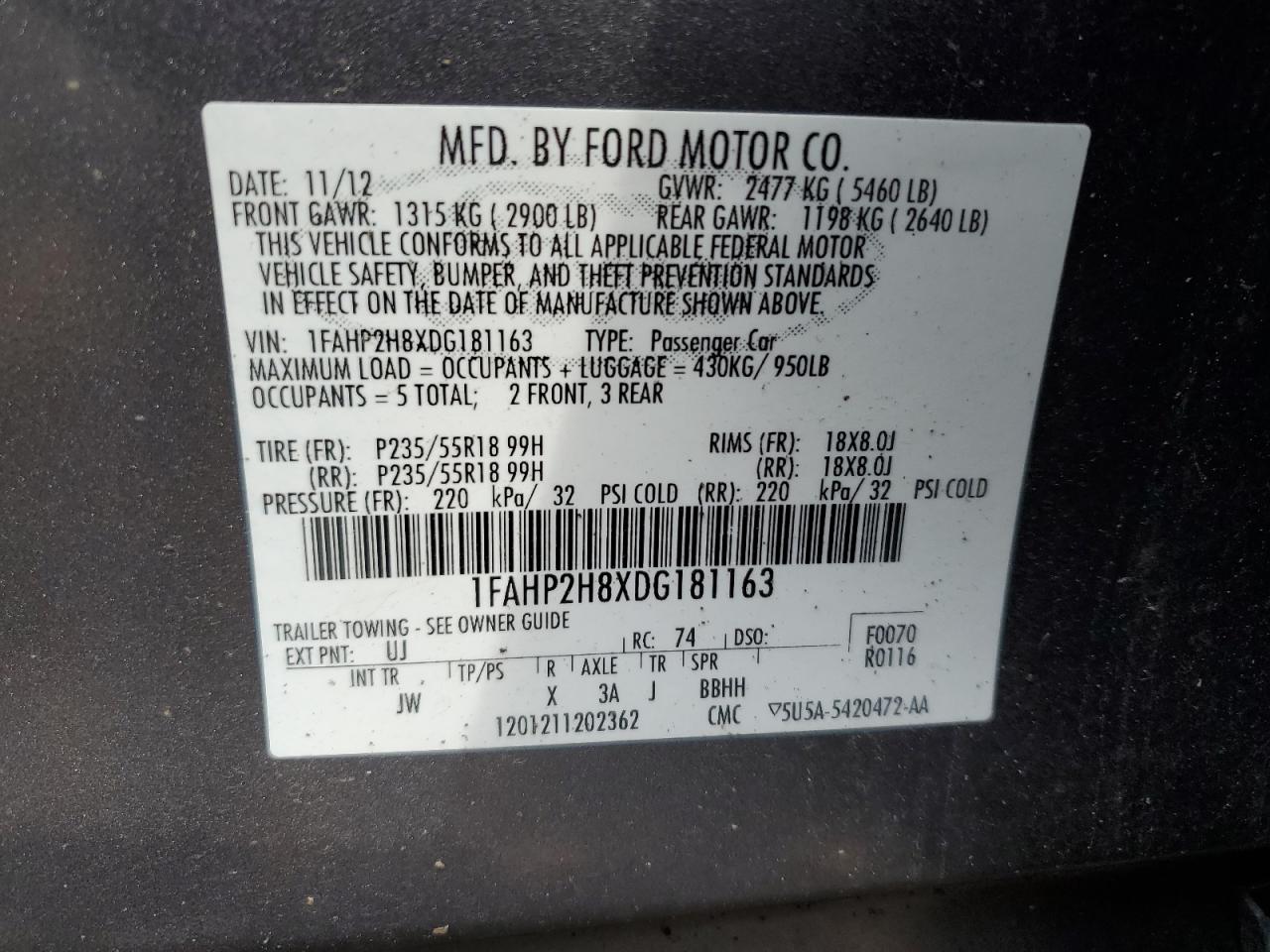 2013 Ford Taurus Sel VIN: 1FAHP2H8XDG181163 Lot: 48613215
