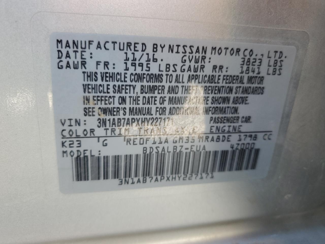3N1AB7APXHY227171 NISSAN SENTRA 2017