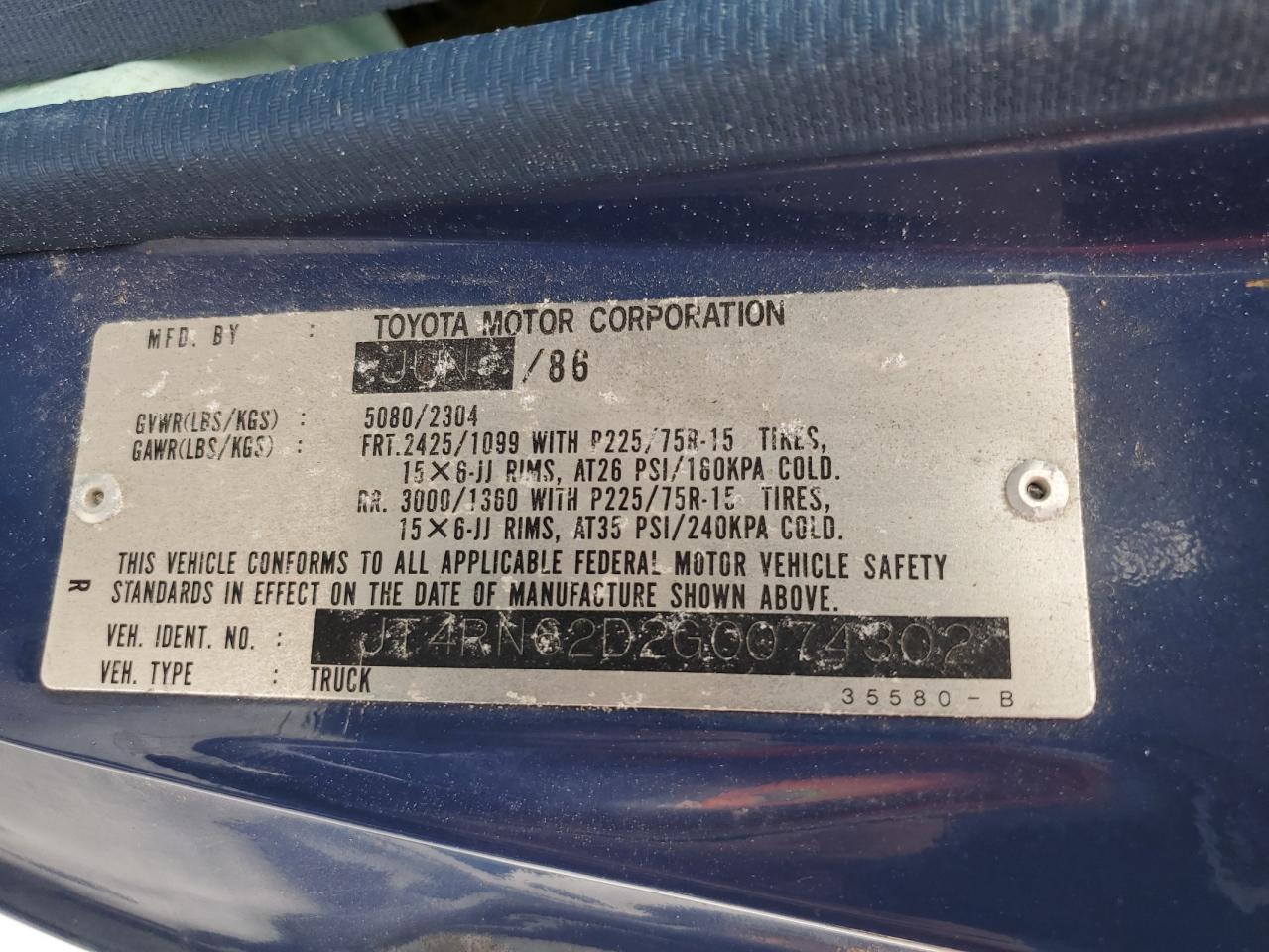 1986 Toyota 4Runner Rn60 VIN: JT4RN62D2G0074302 Lot: 50268765