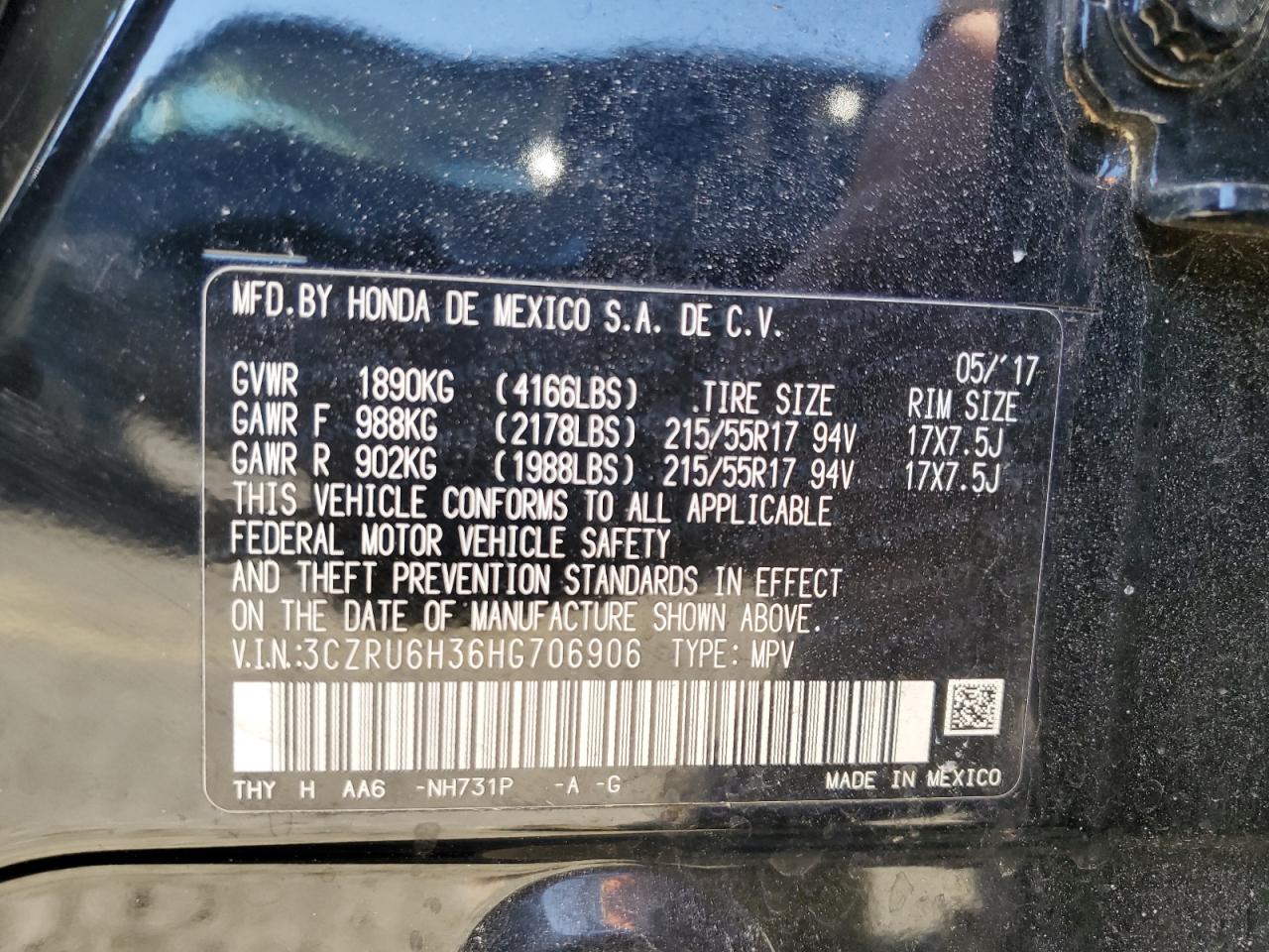 3CZRU6H36HG706906 HONDA HR-V 2017