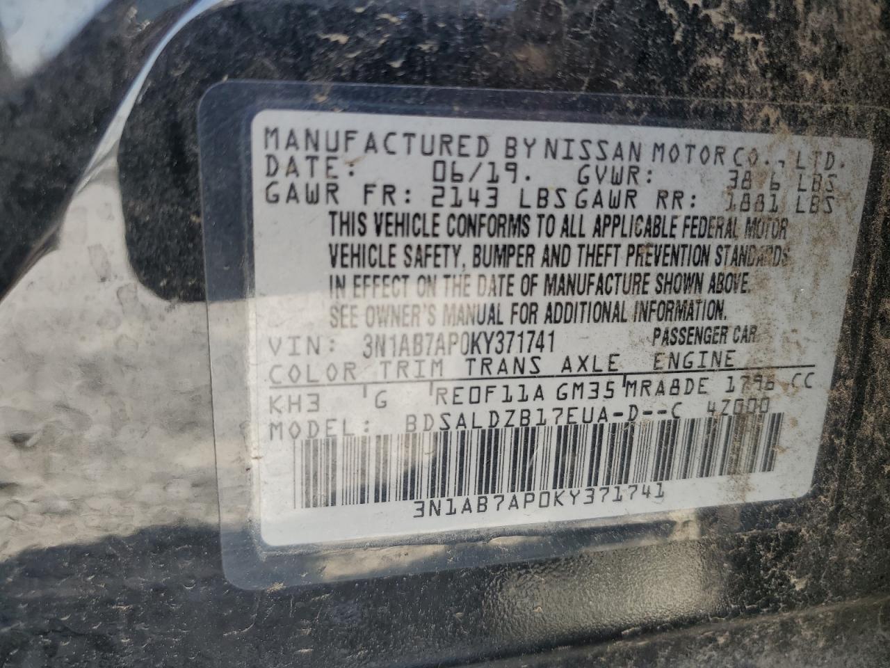 3N1AB7AP0KY371741 NISSAN SENTRA 2019