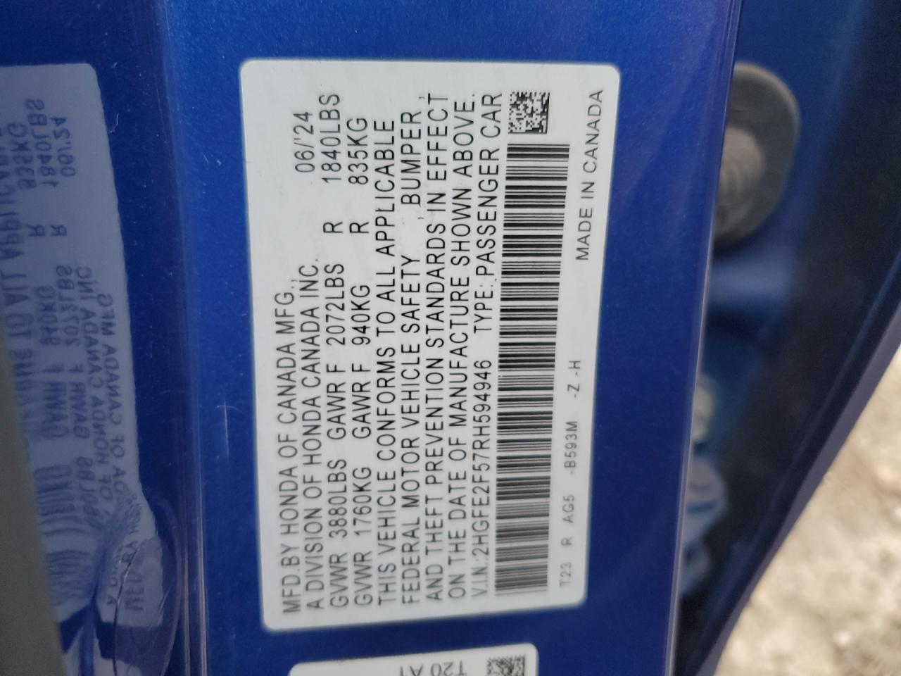 2HGFE2F57RH594946 HONDA CIVIC 2024