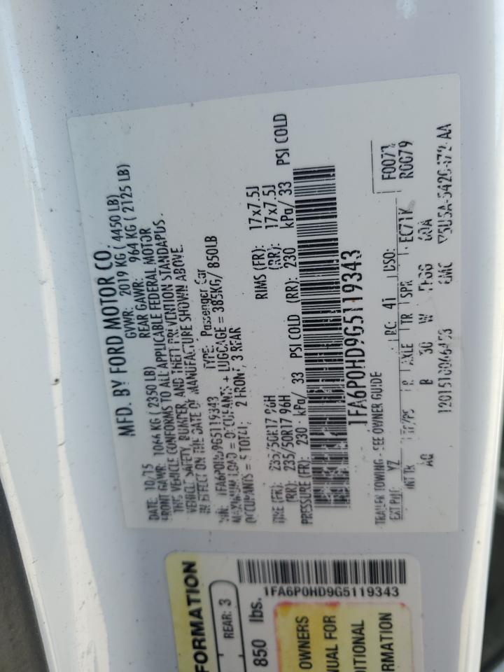 2016 Ford Fusion Se VIN: 1FA6P0HD9G5119343 Lot: 50528255