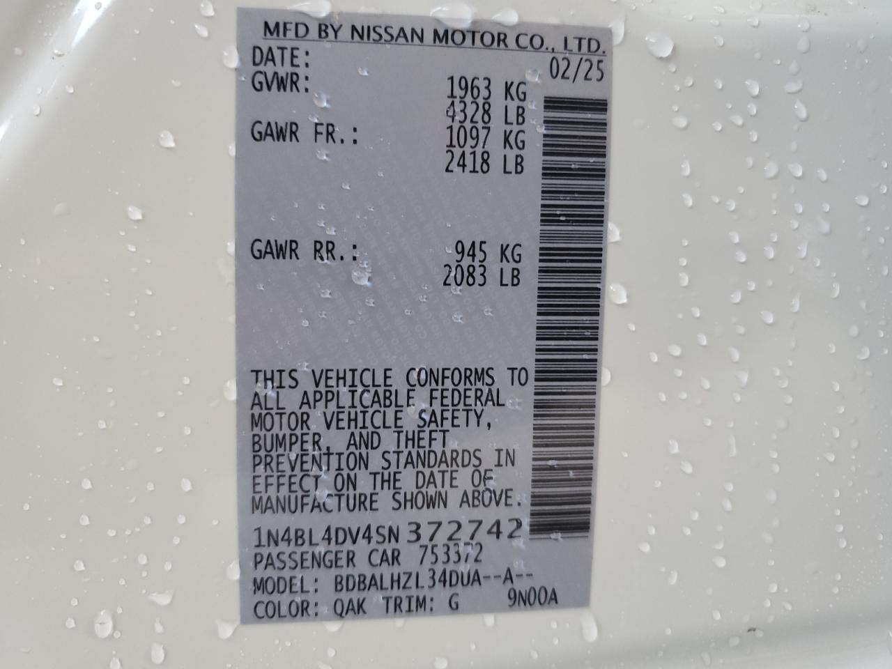 VIN: 1N4BL4DV4SN372742 2025 NISSAN ALTIMA