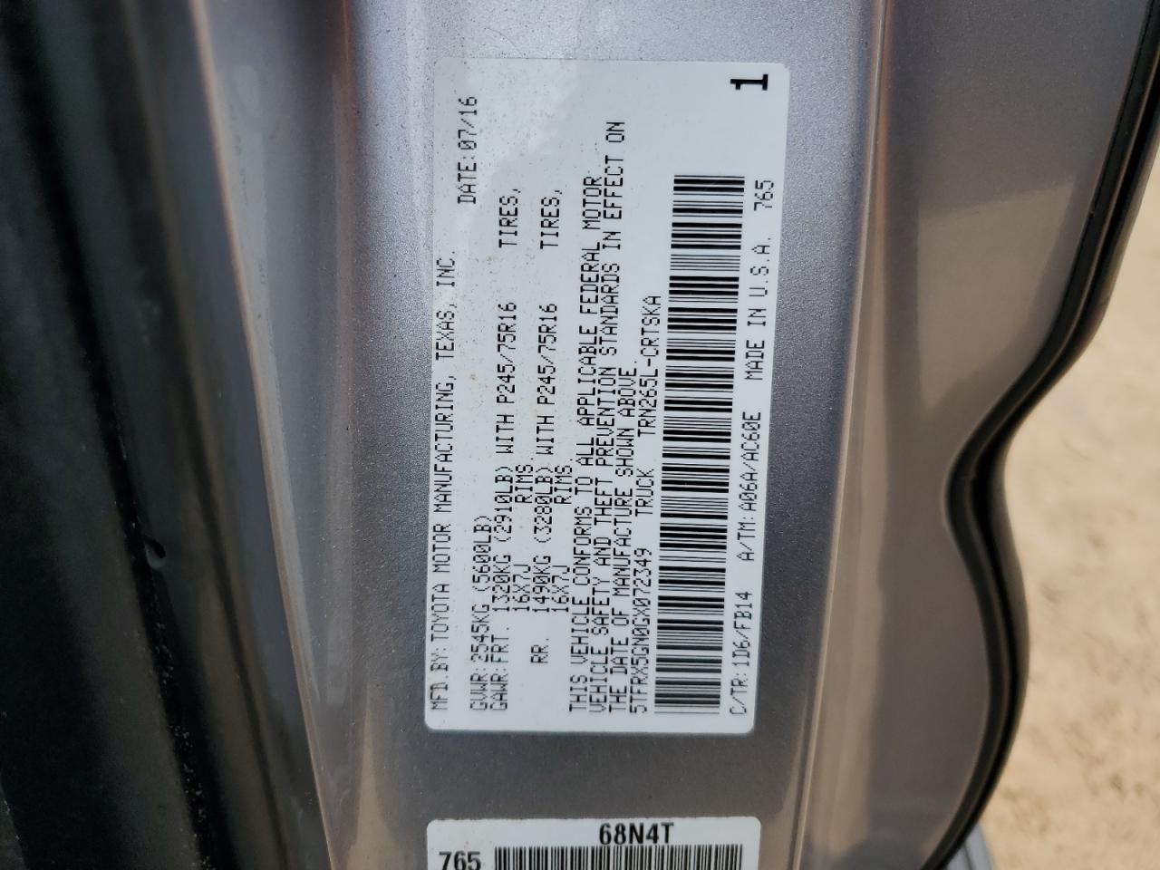 2016 Toyota Tacoma Access Cab VIN: 5TFRX5GN0GX072349 Lot: 51104795