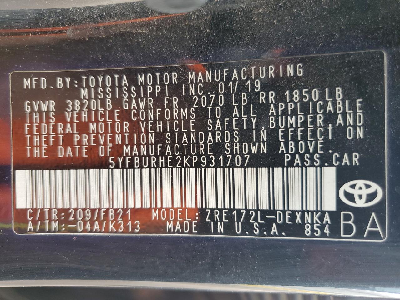 5YFBURHE2KP931707 TOYOTA COROLLA 2019