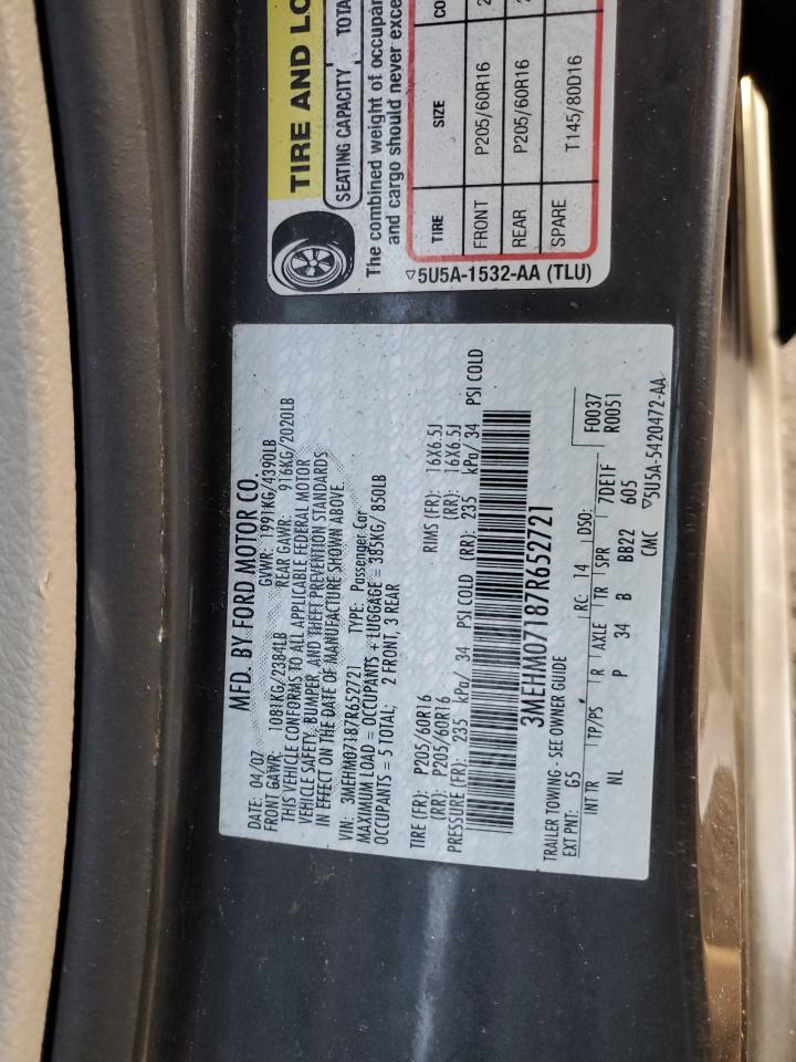 2007 Mercury Milan VIN: 3MEHM07187R652721 Lot: 47968435