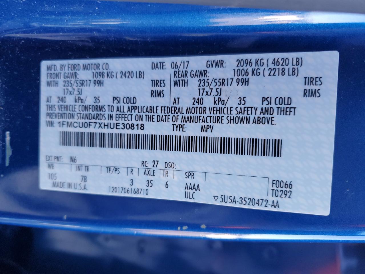 1FMCU0F7XHUE30818 FORD ESCAPE 2017