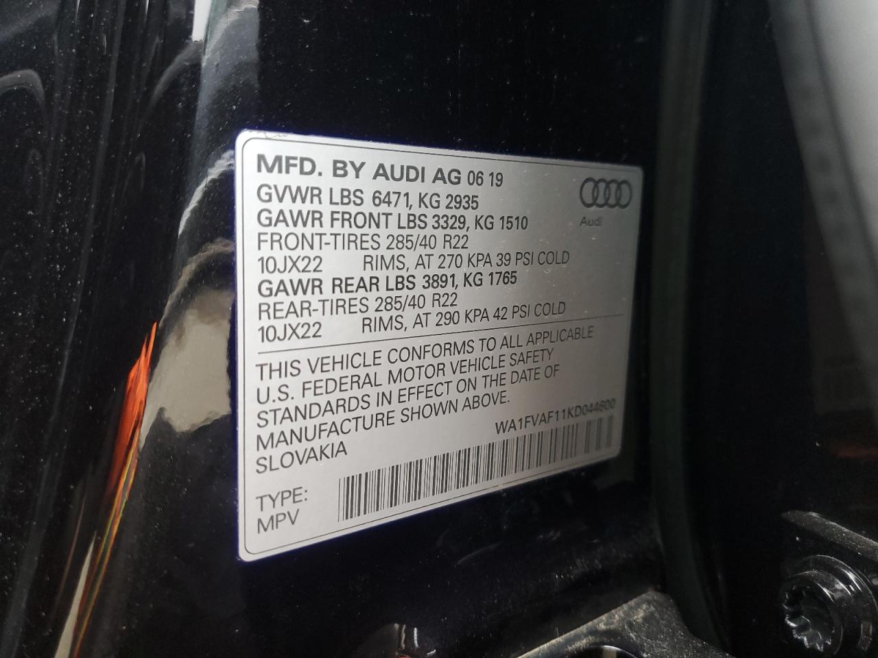 2019 Audi Q8 Prestige S-Line VIN: WA1FVAF11KD044600 Lot: 48358765