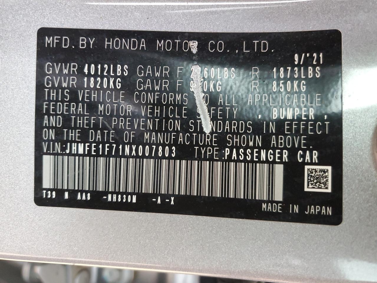 JHMFE1F71NX007803 HONDA CIVIC 2022
