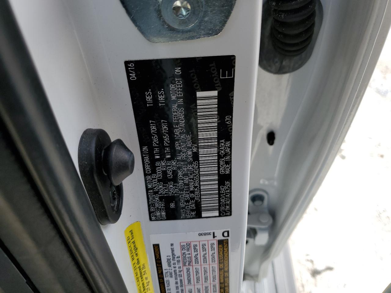 JTEBU5JR6G5342455 TOYOTA 4RUNNER 2016