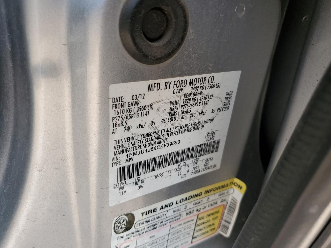 2012 Ford Expedition Xlt VIN: 1FMJU1J56CEF39590 Lot: 50468905