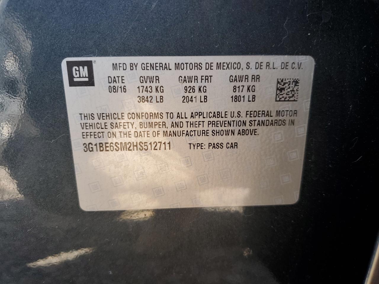 2017 Chevrolet Cruze Lt VIN: 3G1BE6SM2HS512711 Lot: 49765565