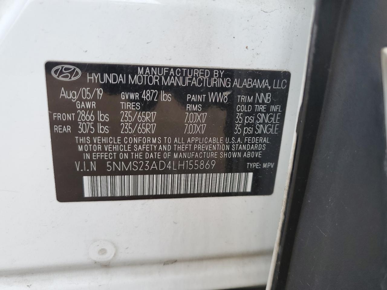 2020 Hyundai Santa Fe Se VIN: 5NMS23AD4LH155869 Lot: 50911275