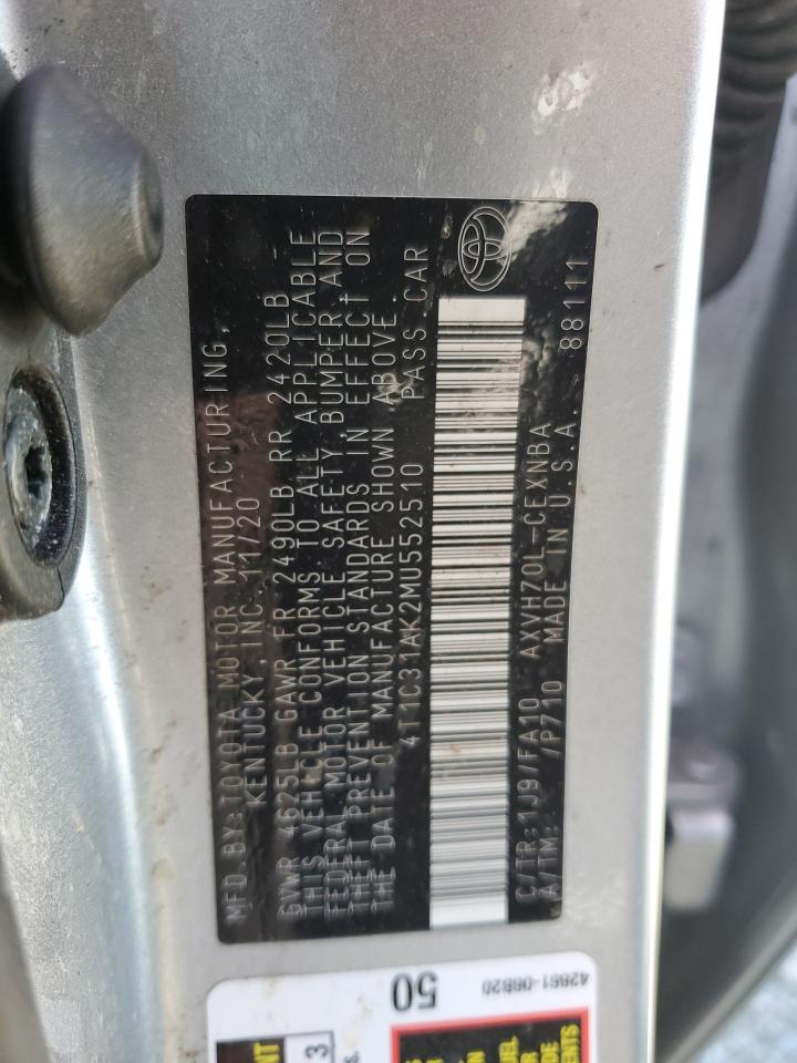 2021 Toyota Camry Le VIN: 4T1C31AK2MU552510 Lot: 48828055