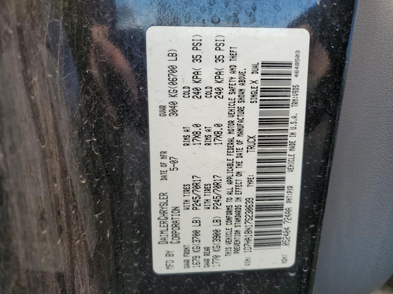 2007 Dodge Ram 1500 St VIN: 1D7HA18N17S230639 Lot: 47087385