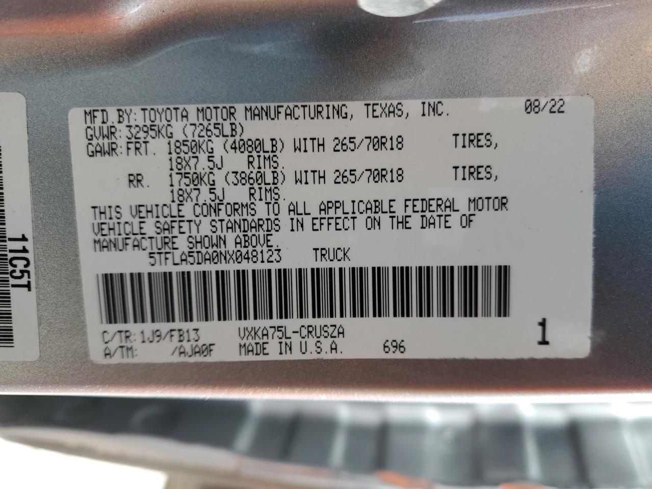 2022 Toyota Tundra Double Cab Sr VIN: 5TFLA5DA0NX048123 Lot: 51074685