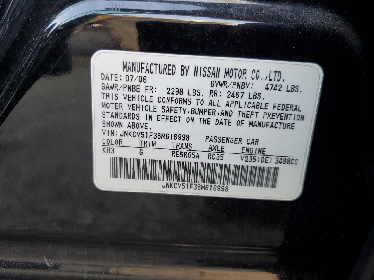2006 Infiniti G35 VIN: JNKCV51F36M616998 Lot: 46260875
