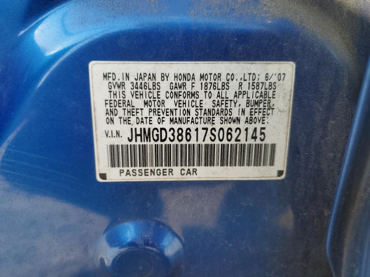2007 Honda Fit S VIN: JHMGD38617S062145 Lot: 50420465