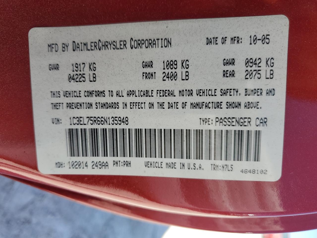 2006 Chrysler Sebring Gtc VIN: 1C3EL75R66N135948 Lot: 48495065