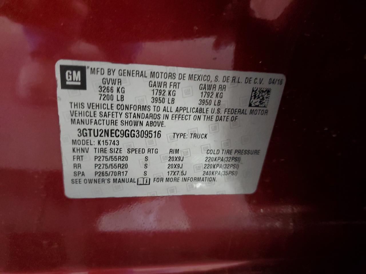 2016 GMC Sierra K1500 Slt VIN: 3GTU2NEC9GG309516 Lot: 49700285