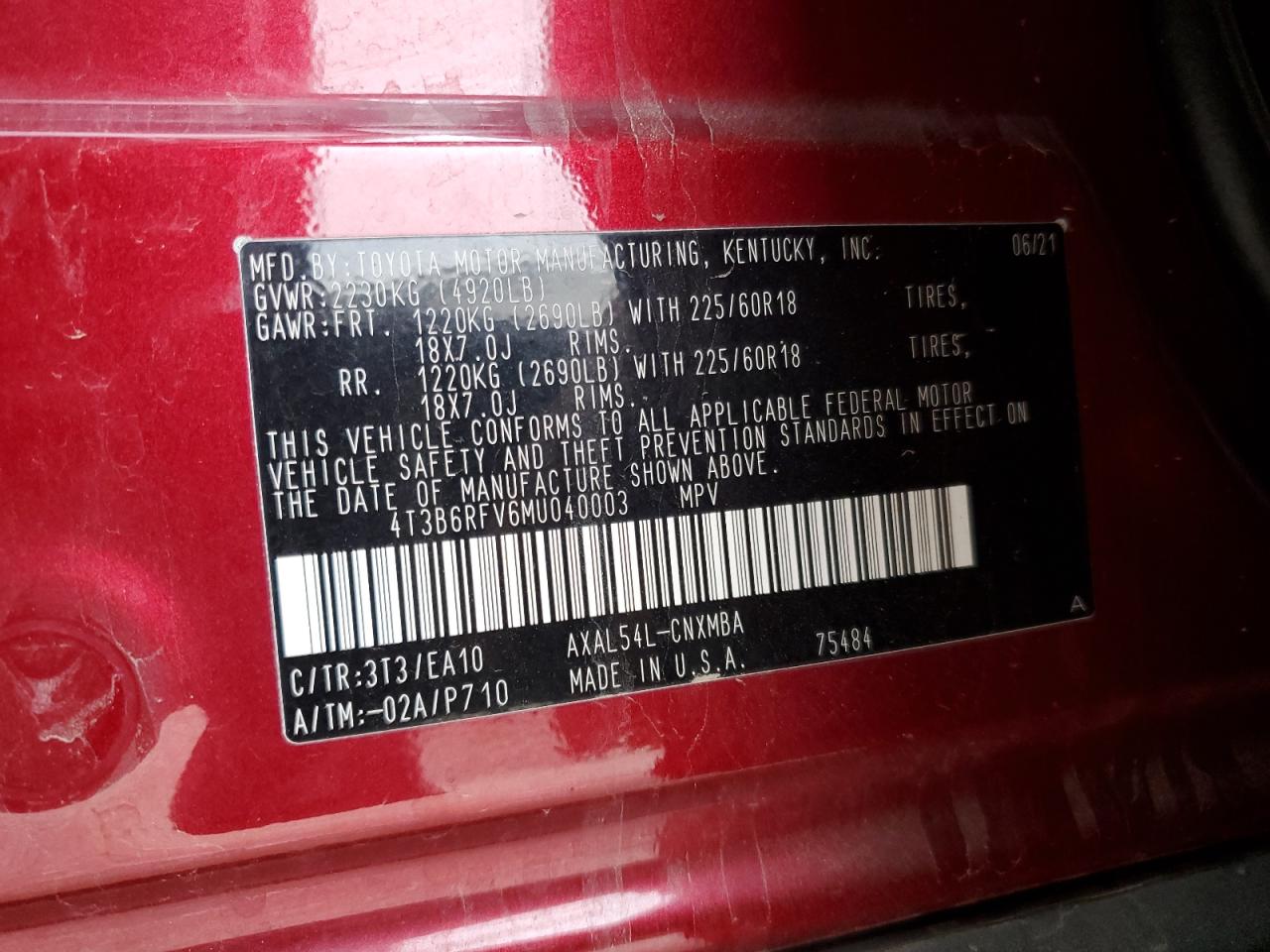 4T3B6RFV6MU040003 TOYOTA RAV4 2021