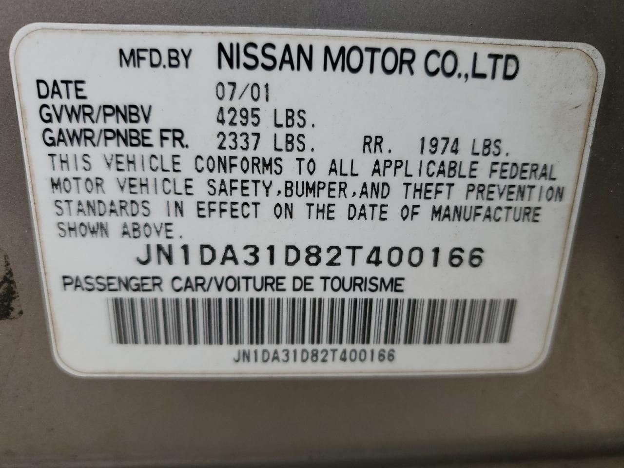 2002 Nissan Maxima Gle VIN: JN1DA31D82T400166 Lot: 51148875
