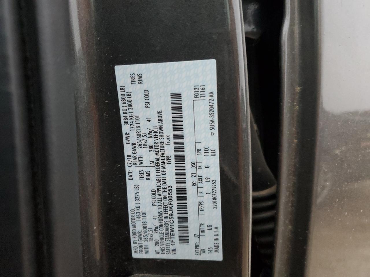 2018 Ford F150 Supercrew VIN: 1FTEW1C59JKF00553 Lot: 67041945