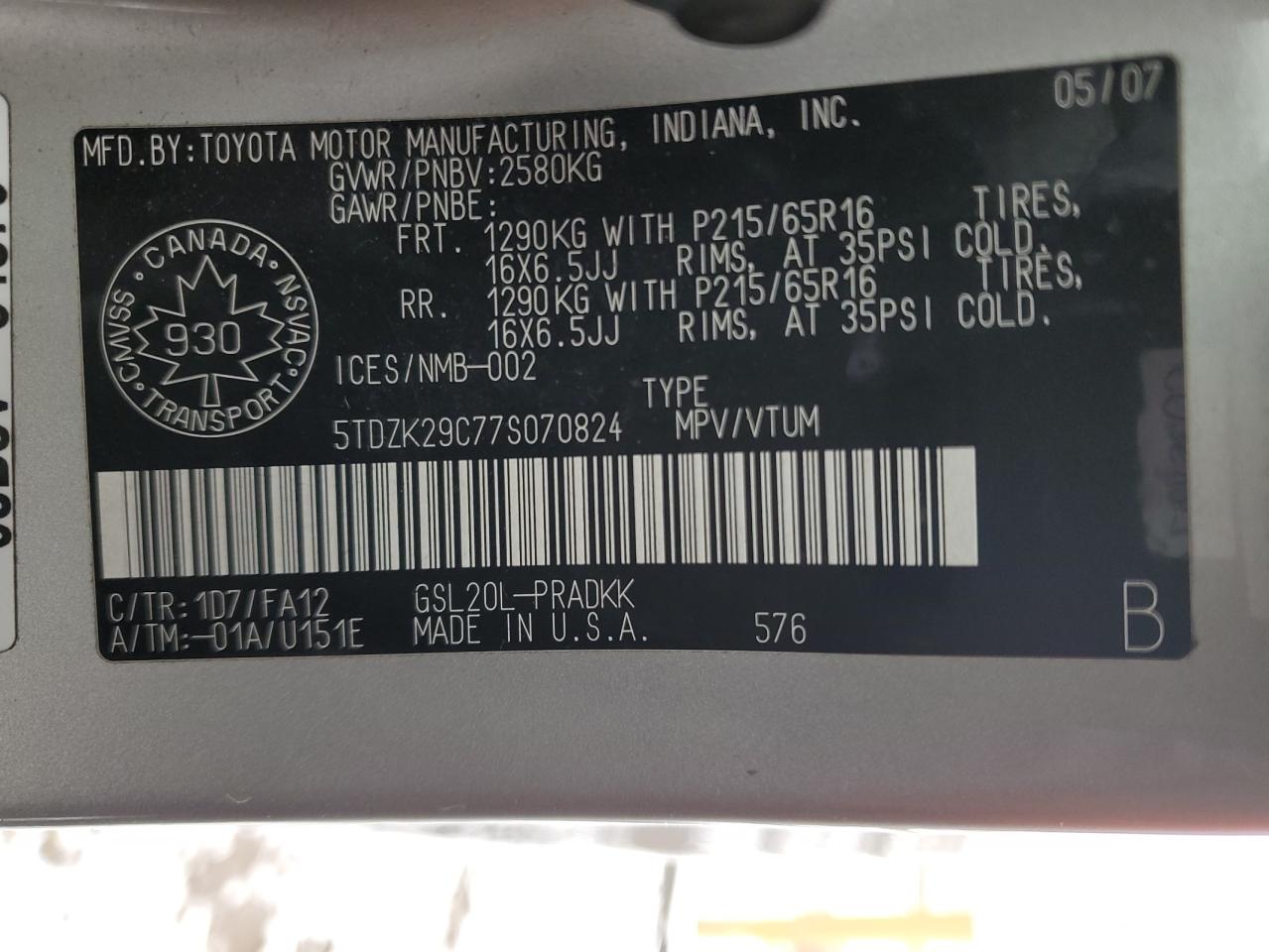 2007 Toyota Sienna Ce VIN: 5TDZK29C77S070824 Lot: 49037805