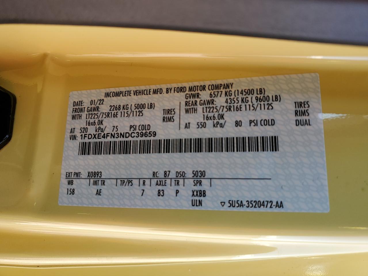 2022 Ford Econoline E450 Super Duty Cutaway Van VIN: 1FDXE4FN3NDC39659 Lot: 48363195