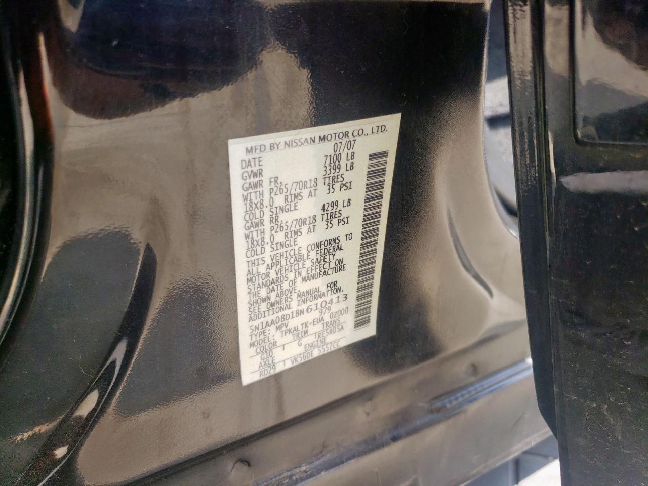 2008 Nissan Armada Se VIN: 5N1AA08D18N610413 Lot: 50156435