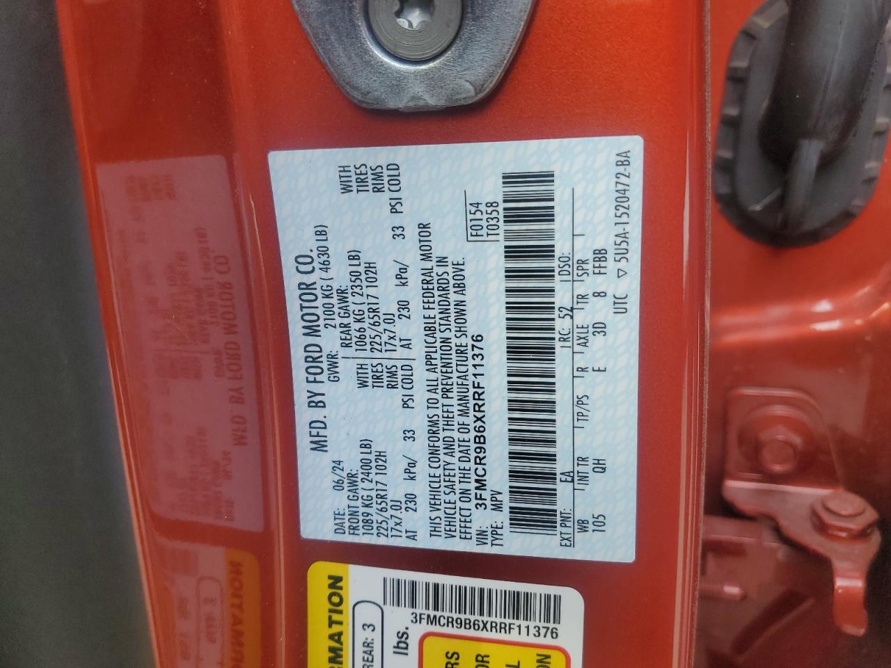 2024 Ford Bronco Sport Big Bend VIN: 3FMCR9B6XRRF11376 Lot: 50262125
