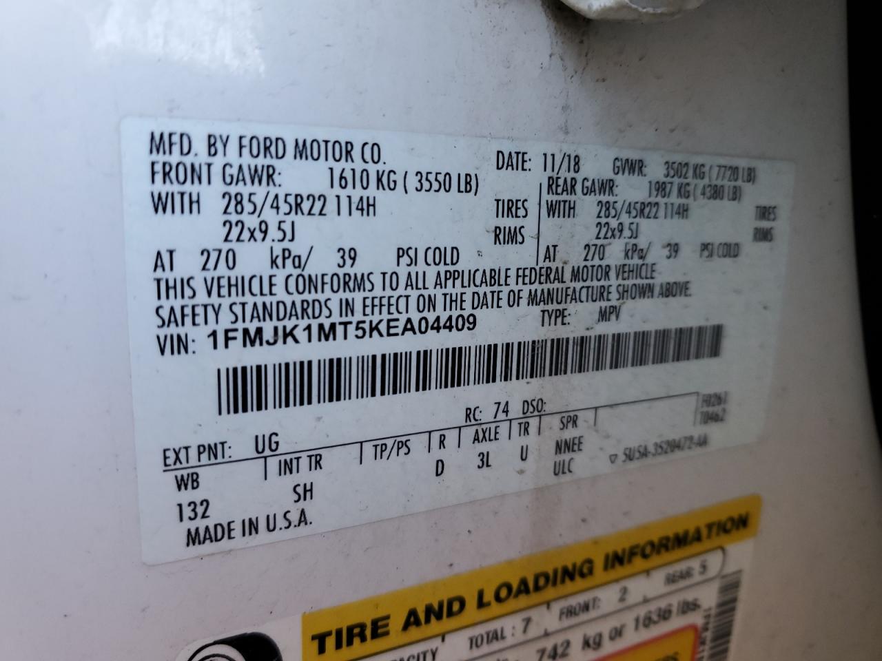 2019 Ford Expedition Max Platinum VIN: 1FMJK1MT5KEA04409 Lot: 46850815