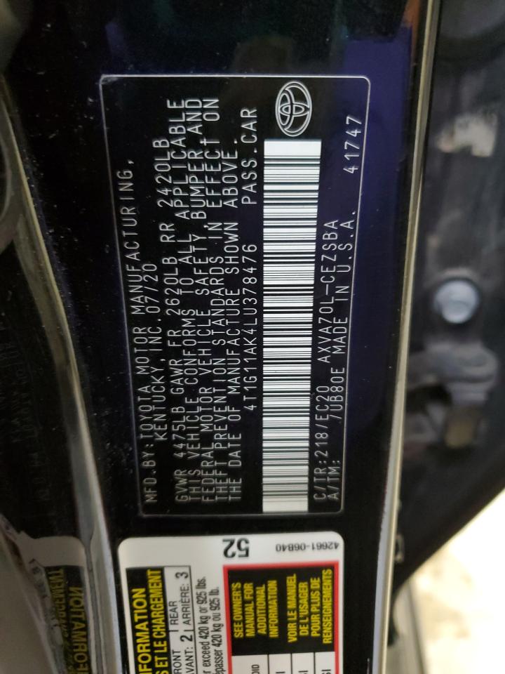 4T1G11AK4LU378476 TOYOTA CAMRY 2020