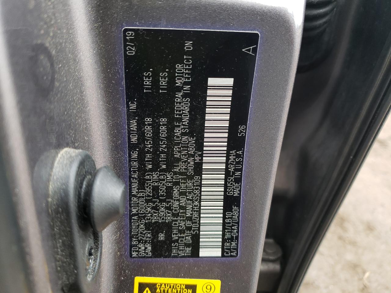 5TDJZRFH3KS583109 TOYOTA HIGHLANDER 2019