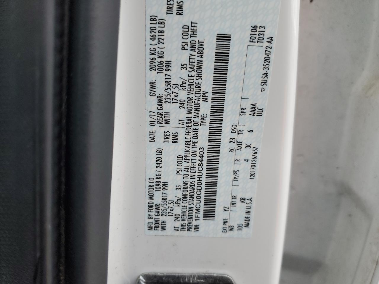 1FMCU0GD0HUC84403 FORD ESCAPE 2017
