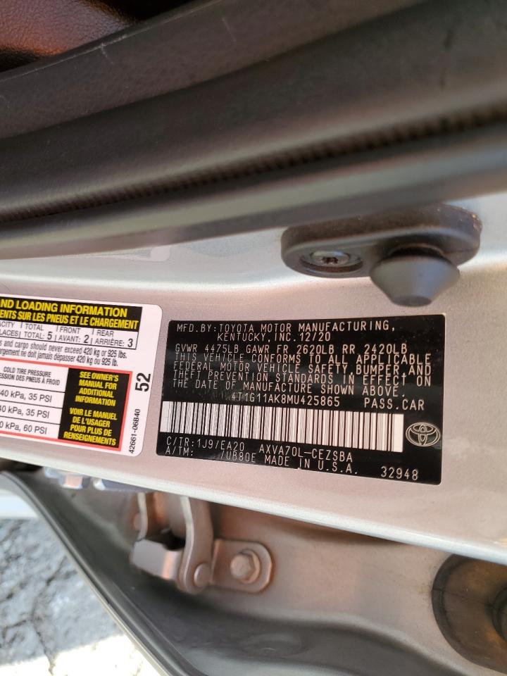 4T1G11AK8MU425865 TOYOTA CAMRY 2021