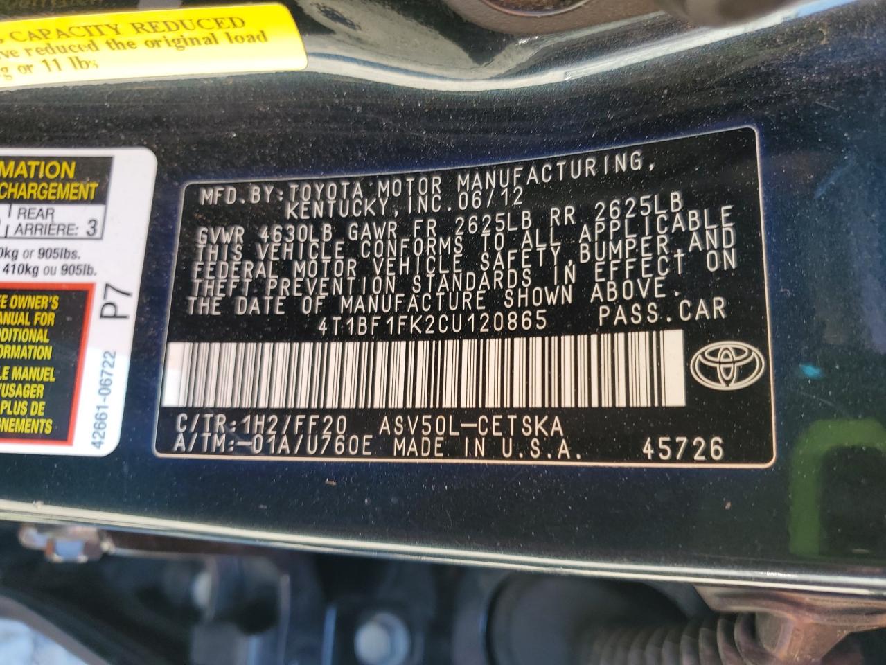 2012 Toyota Camry Base VIN: 4T1BF1FK2CU120865 Lot: 48006585