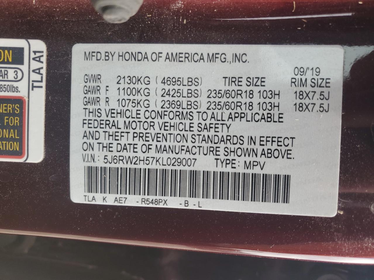 2019 Honda Cr-V Ex VIN: 5J6RW2H57KL029007 Lot: 49481875
