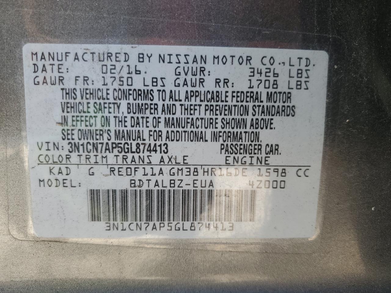 3N1CN7AP5GL874413 NISSAN VERSA 2016