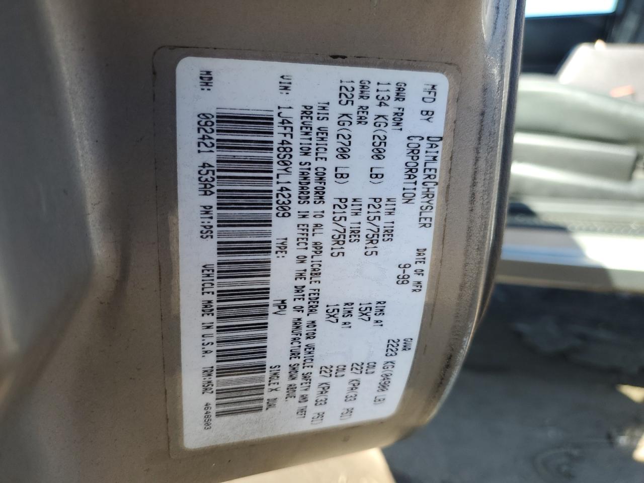 2000 Jeep Cherokee Sport VIN: 1J4FF48S0YL142309 Lot: 46277785