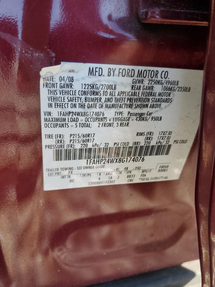 2008 Ford Taurus Sel VIN: 1FAHP24WX8G174076 Lot: 48416765