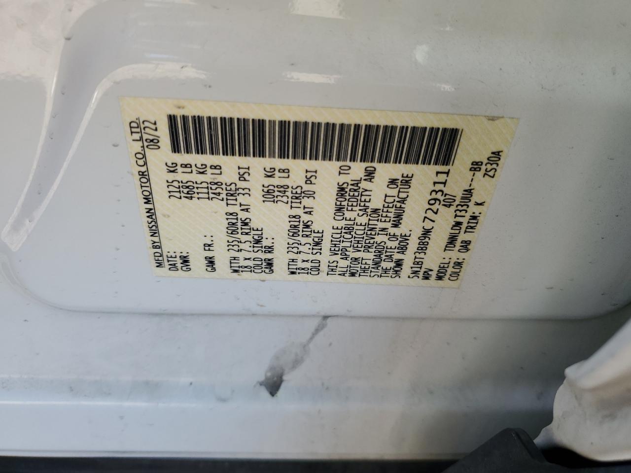 2022 Nissan Rogue Sv VIN: 5N1BT3BB9NC729311 Lot: 50474175