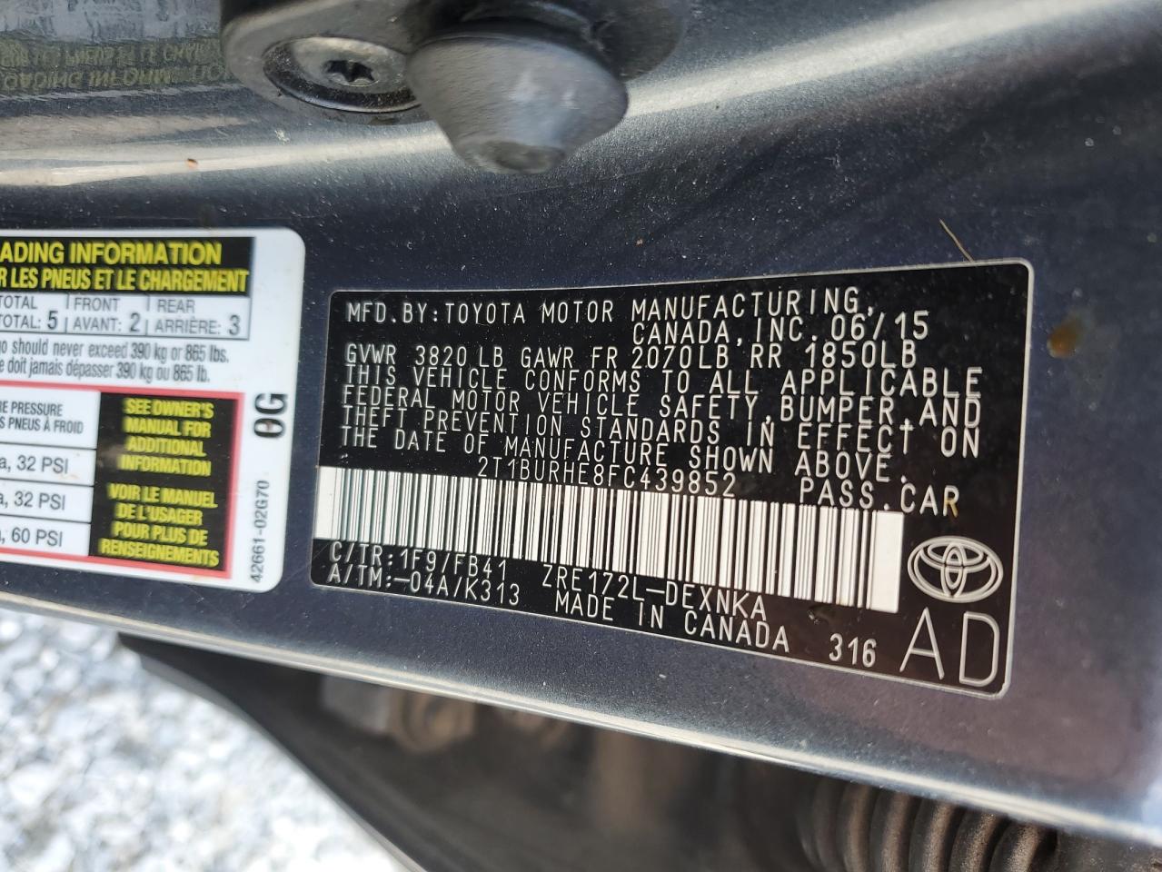 2015 Toyota Corolla L VIN: 2T1BURHE8FC439852 Lot: 48619565