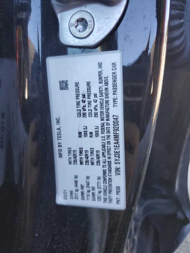 2021 Tesla Model 3 VIN: 5YJ3E1EA4MF920047 Lot: 50460325