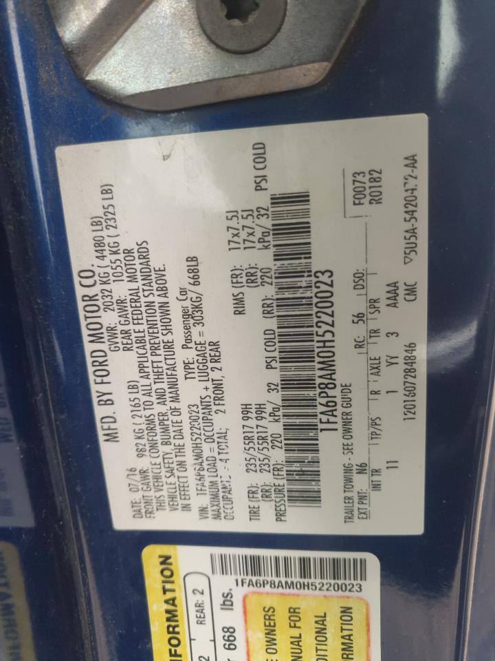 2017 Ford Mustang VIN: 1FA6P8AM0H5220023 Lot: 49143025