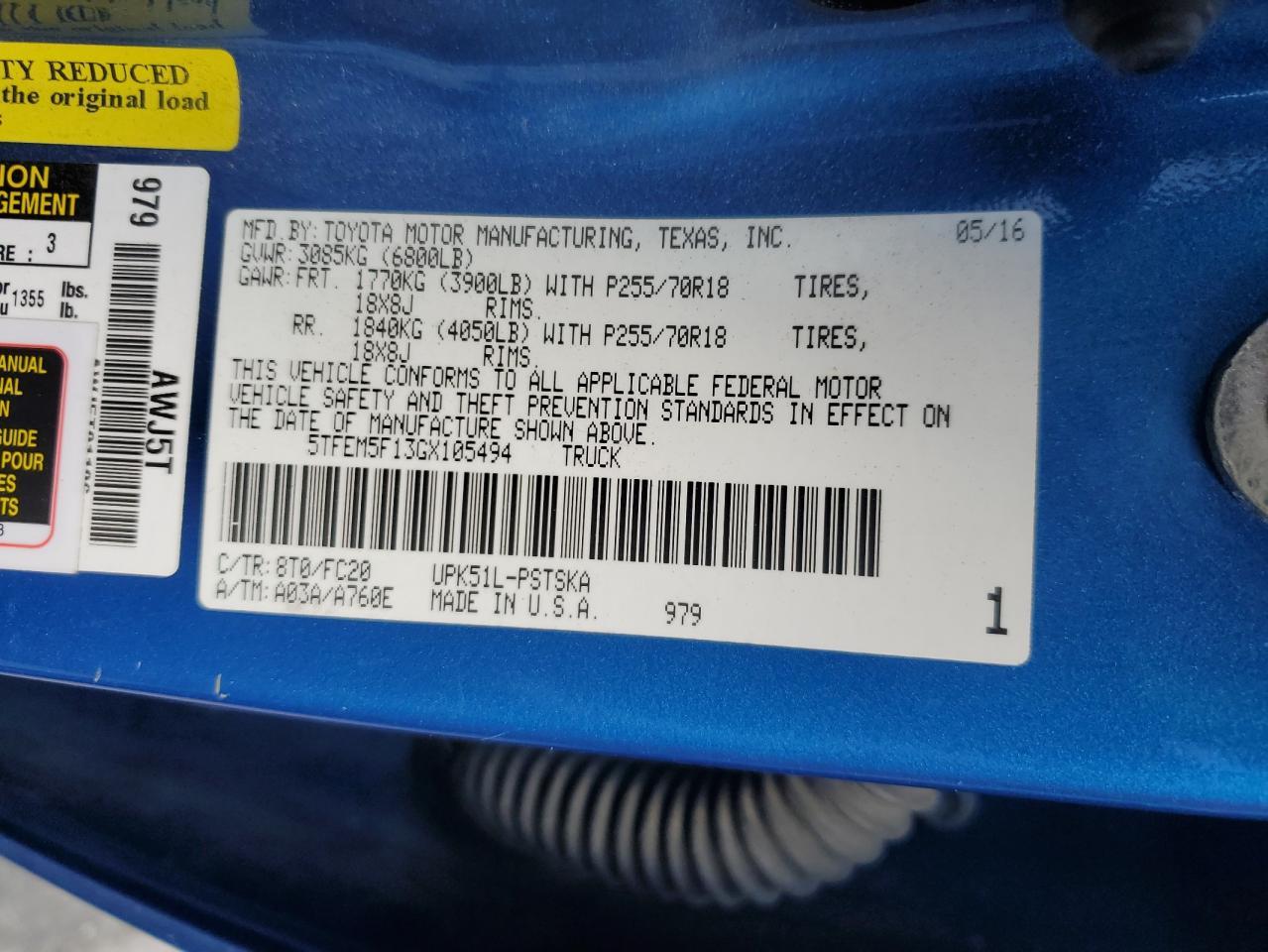 5TFEM5F13GX105494 TOYOTA TUNDRA 2016